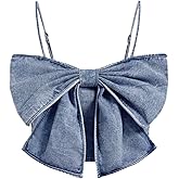 WDIRARA Women's Bow Denim Cami Top Smocked Spaghetti Strap Jean Camisole Crop Tops