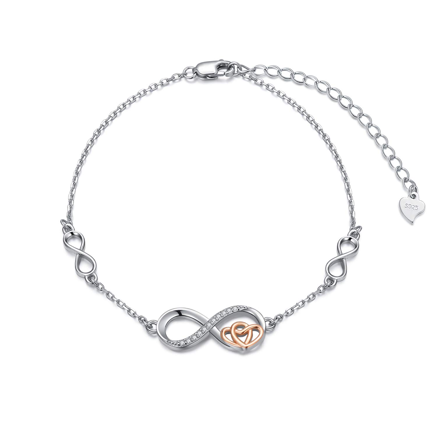 SOULMEET Silver Infinity Heart Bracelet for Women S925 Sterling Silver 7+2 inches Adjustable Bracelet Gift for Wife Mom Sisters