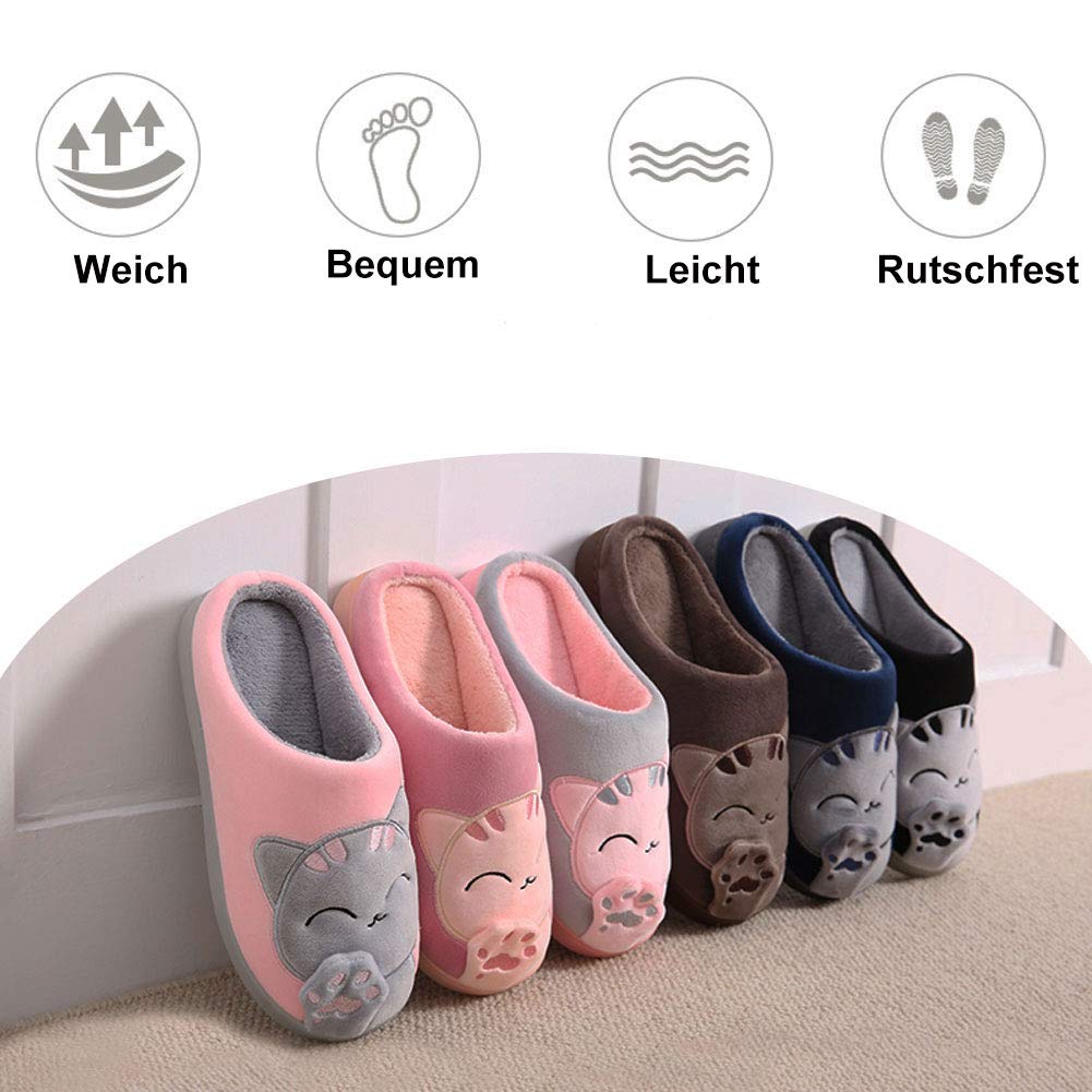 GESIMEI Kuschelige Katze Pantoffeln Warm Plüsch Hausschuhe Winter Bequeme Rutschfeste Slippers Herren Damen Schwarz 42