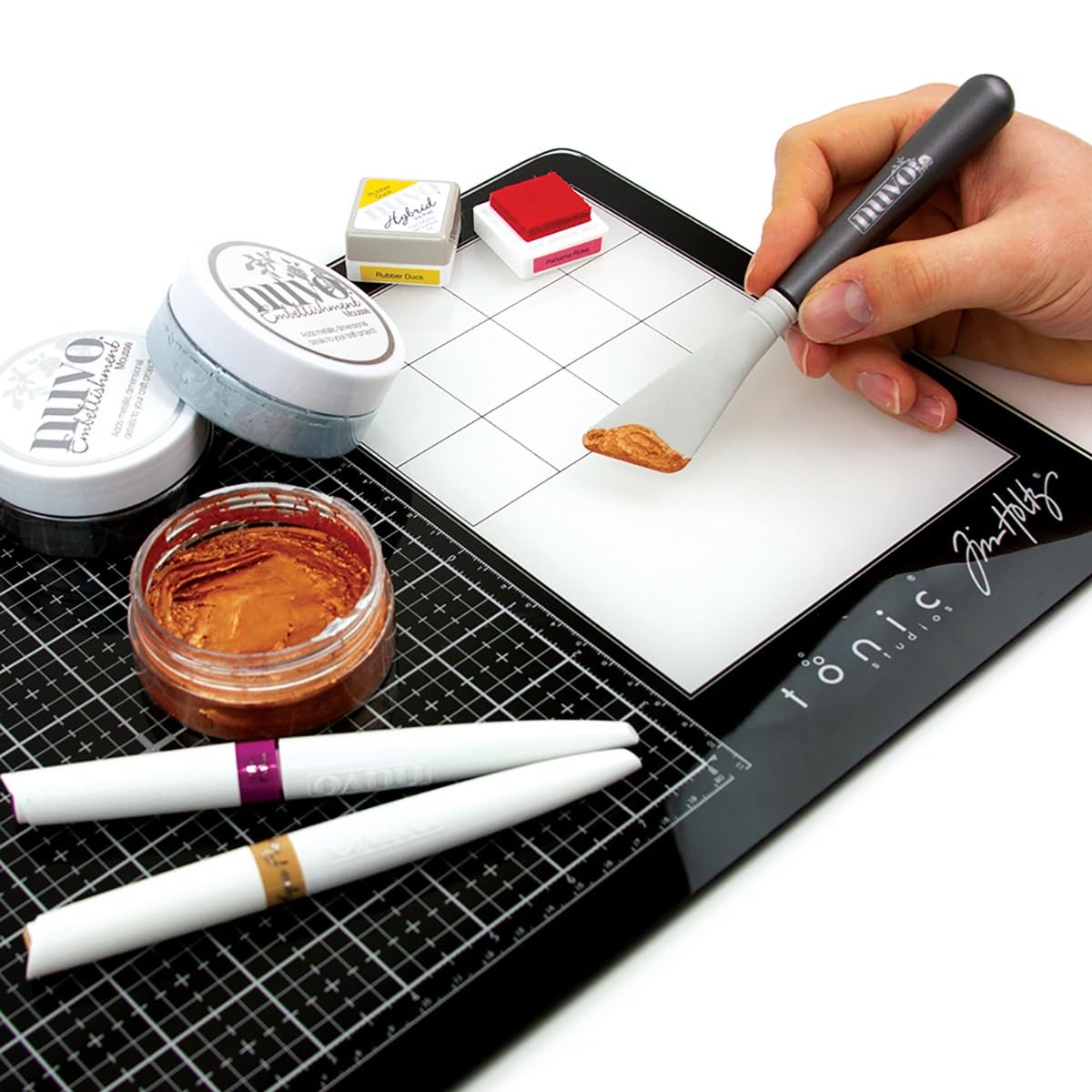 Tim Holtz Travel Glass Cutting Mat - Portable Work Surface with 8x8 Measuring Grid and Palette for Mixed Media - Art Supplies with Carry Case