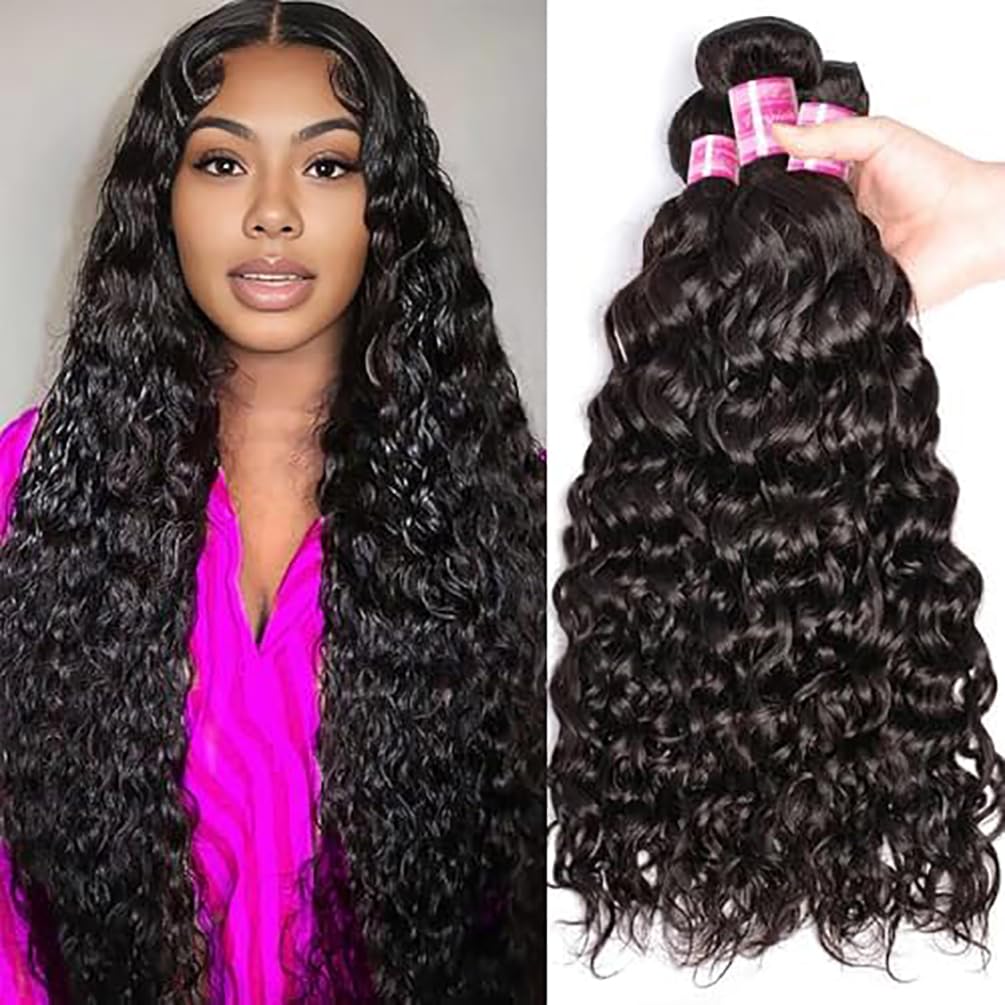 Photo 1 of 12A 3 Bundles Water Wave Human Hair (16 18 20 Inch) 100% Unprocessed Weave Brazilian Human Hair Bundles Full And Thick Virgin Hair Extensions Natural Color