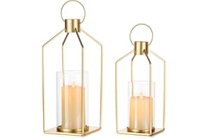 NUPTIO Gold Lanterns Decorative Indoor: Set of 2 Hanging Metal Pillar Candle Lantern with Bottomless Hurricane Glass for Wedding Home Front Porch Outdoor Fireplace Christmas Table Centerpiece