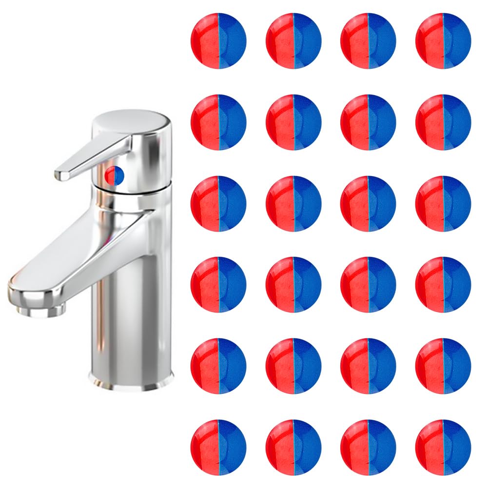 SUPERFINDINGS 24Pcs Hot and Cold Water Stickers Self Stick Hot and Cold Water Label Epoxy Resin Faucet Transfer Stickers for Bathroom Kitchen 10mm in Diameter