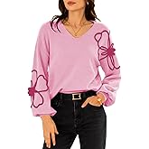 Pink Queen Women's Pullover Sweaters 2025 Knit Floral V Neck Tunic Pullover Long Sleeve Oversized Fall Casual Sweater