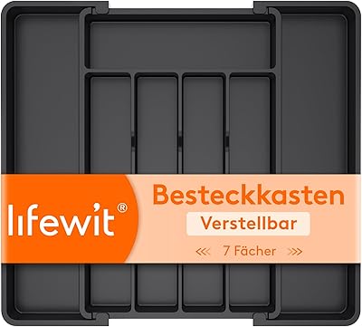 Lifewit Besteckkasten für Schubladen 40 50, verstellbarer Kunststoff Organizer Küche Tiefe 35 cm, Besteckeinsatz 5-7 Fächer, erweiterbar bis 41 cm, für Löffel, Gabeln und Geschirr, Schwarz