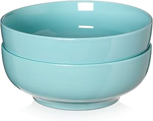 2 Packs, DOWAN Porcelain Serving Bowls, 2.8 Quarts Large Salad Bowls, Pasta Bowl Set, Chip Resistant Ceramic, Microwave and Dishwasher Safe, Stackable, 9.5 Inches, Turquoise