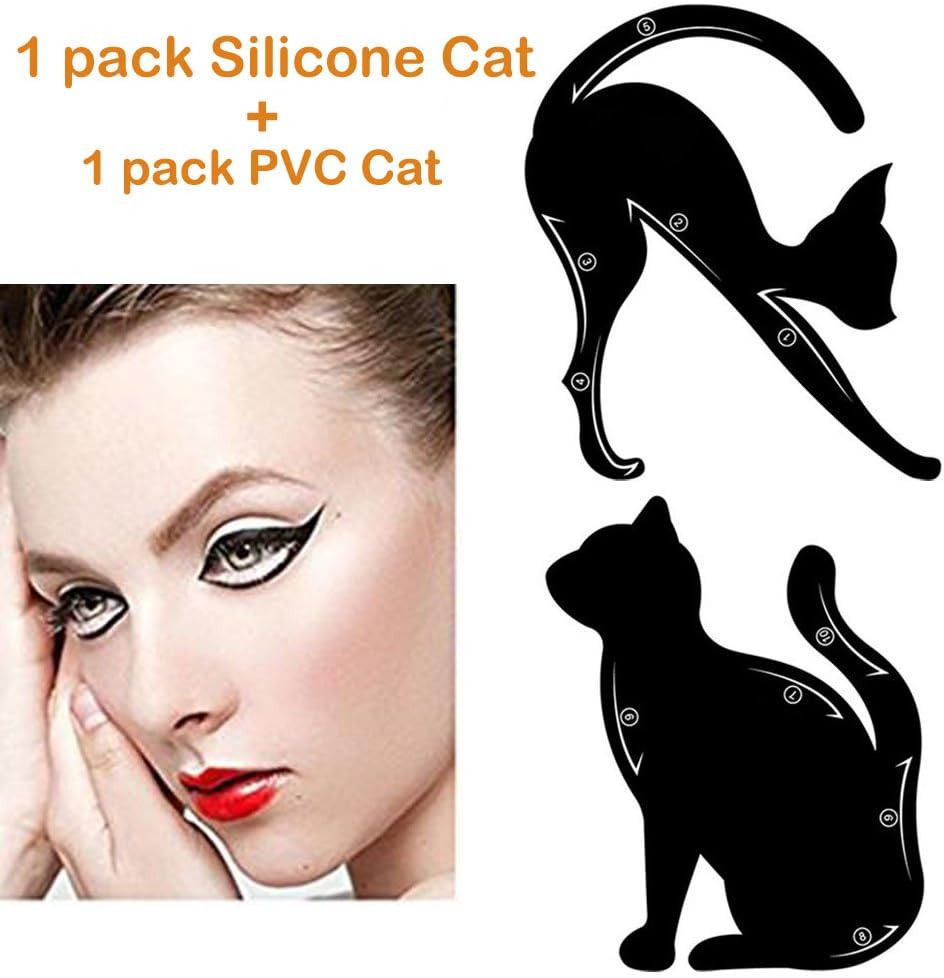 Megaie 2 in 1 Reusable Cat Line Eyeliner Stencil Smoky Eye Shadow Eay Makeup Applicators Template Plate Professional Eye Makeup Card Tools 2 Pack(Silicone & PVC material)