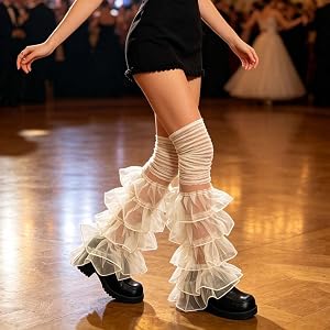 2 Pcs White Mesh Leg Warmers for Women, Y2K Knit Ruffled Over Knee Socks with Lace Trim, Kawaii Long Boot Sleeves for Daily O