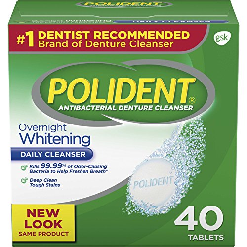 Polident Overnight Whitening Antibacterial Denture Cleanser Effervescent Tablets, 40 count