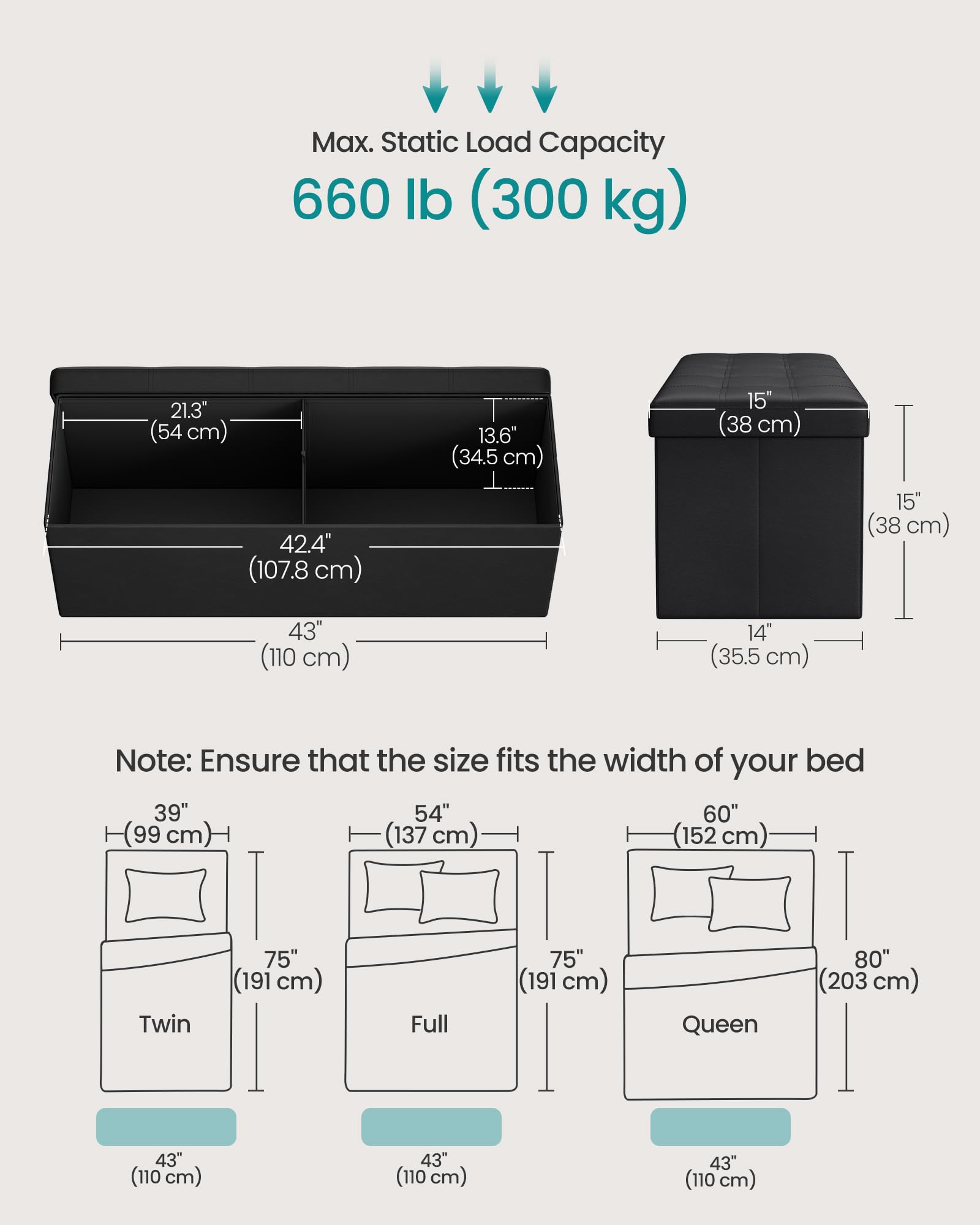 SONGMICS MAZIE Collection - 43 Inches Folding Storage Ottoman Bench, Ottoman with Storage, Foot Rest Stool, Load 660 lb, for Living Room, Synthetic Leather, Black ULSF701