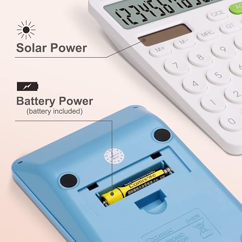 10-Digit Solar Desktop Calculator With Large Buttons & LCD Display - Dual Power (Solar/Battery), For Home & Office (White)-692055