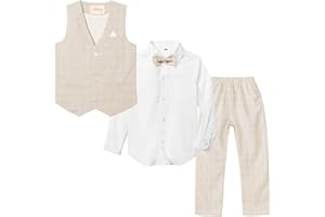 LOLANTA Boys Formal Waistcoat Suits Kids Ring Bearer Outfits Long Sleeve Shirts Vest Dress Pants Bow Tie Wedding 2-13 Years