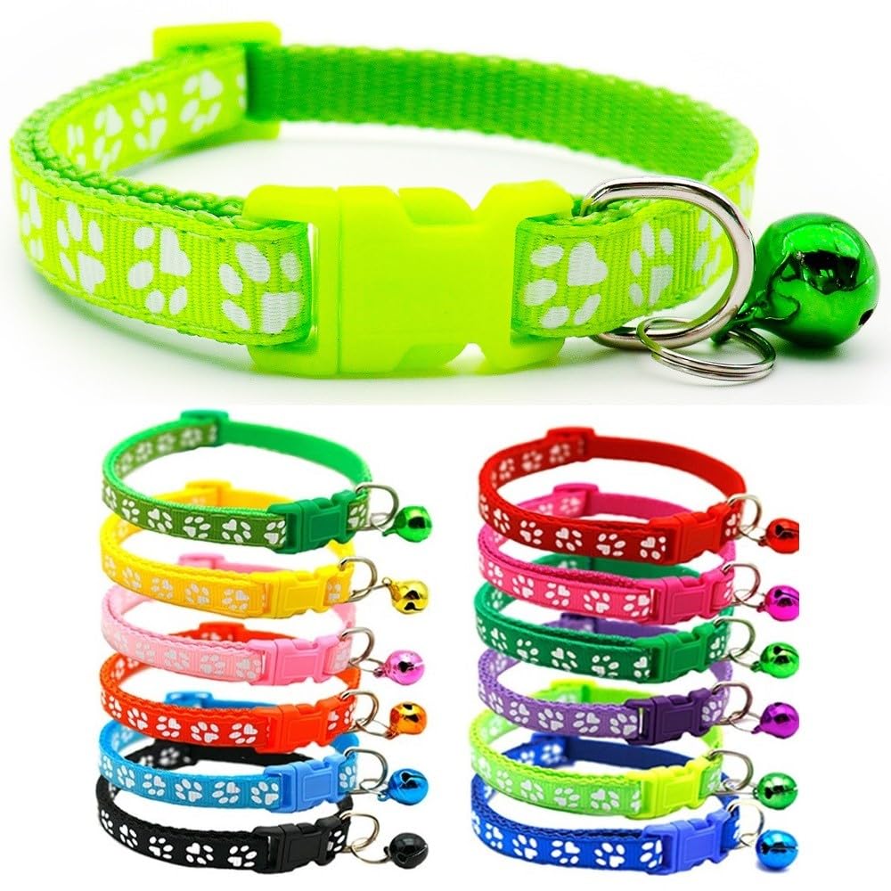 Small Dog Puppy Pet Collar Pawprint Design with Bell Nylon Adjustable Size 19-32cm Fluorescent Bright Green