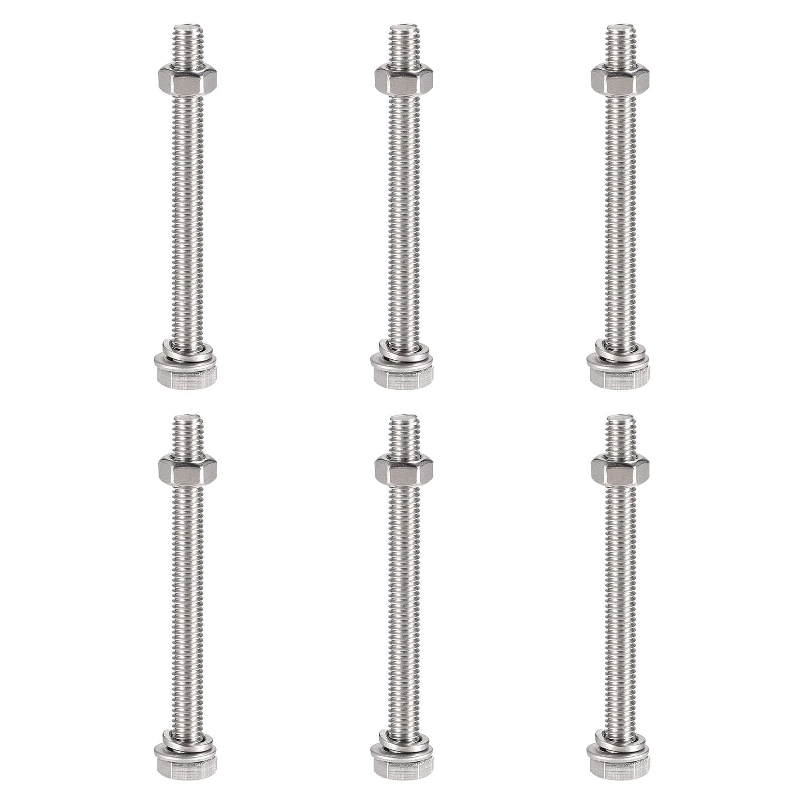 TOP-VIGOR 6Pcs M6 x 70mm Hex Head Screws Bolts, Nuts, Flat & Lock Washers Kits, 304 Stainless Steel Fully Thread Hexagon Bolts for DIY Bike Motorcycles Repair