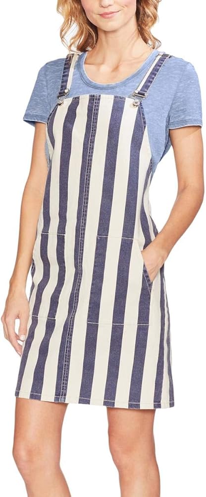 striped denim overall dress