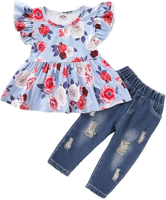 Amazon Zieglen キッズ服 女の子 フリル オフショルダークロップトップス 穴デニムパンツ 2点セット 子供服 Tシャツ ジーンズ 春夏 人気 カジュアル ガールズ 可愛い ベビー服 赤ちゃん服 韓国風 普段着 部屋着 洋服 通園 通学 子供の日 入学式 パンツ 通販