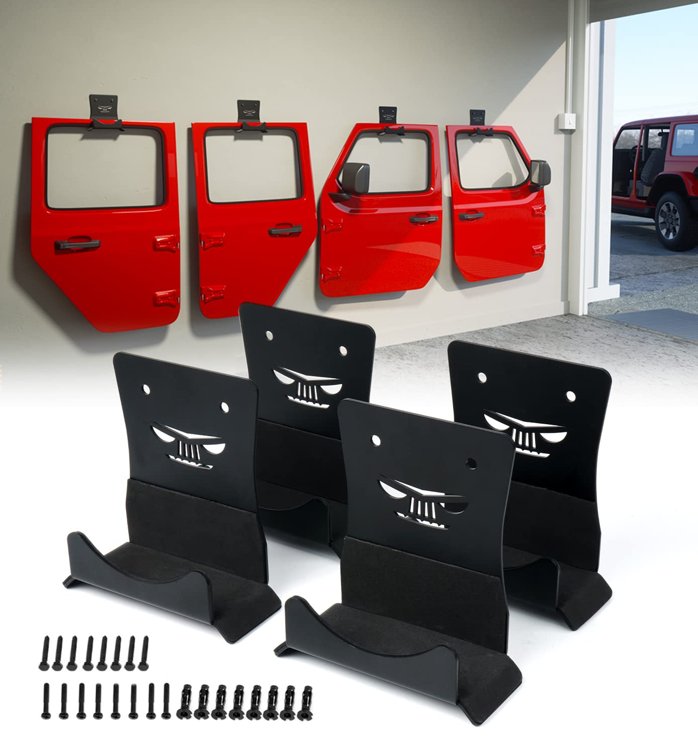 Xprite Wall Mount Door Storage Hangers, 4 PCS Removable Heavy Duty Metal Door Storage Holder Hooks Bracket with Rubber Lining Compatible with 1956-2026 Jeep Wrangler CJ YJ TJ LJ JK JKU JL JLU JT Image