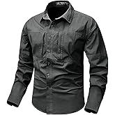 Eisctnd Men's Long Sleeve Tactical Work Shirts, Outdoor Casual Button Down Shirt with Zipper Pockets for Hiking, Safari