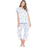 Casual Nights Women's Sleepwear Floral Top & Capri Pants Pajama Set Shirt with Printed Bottom Pjs