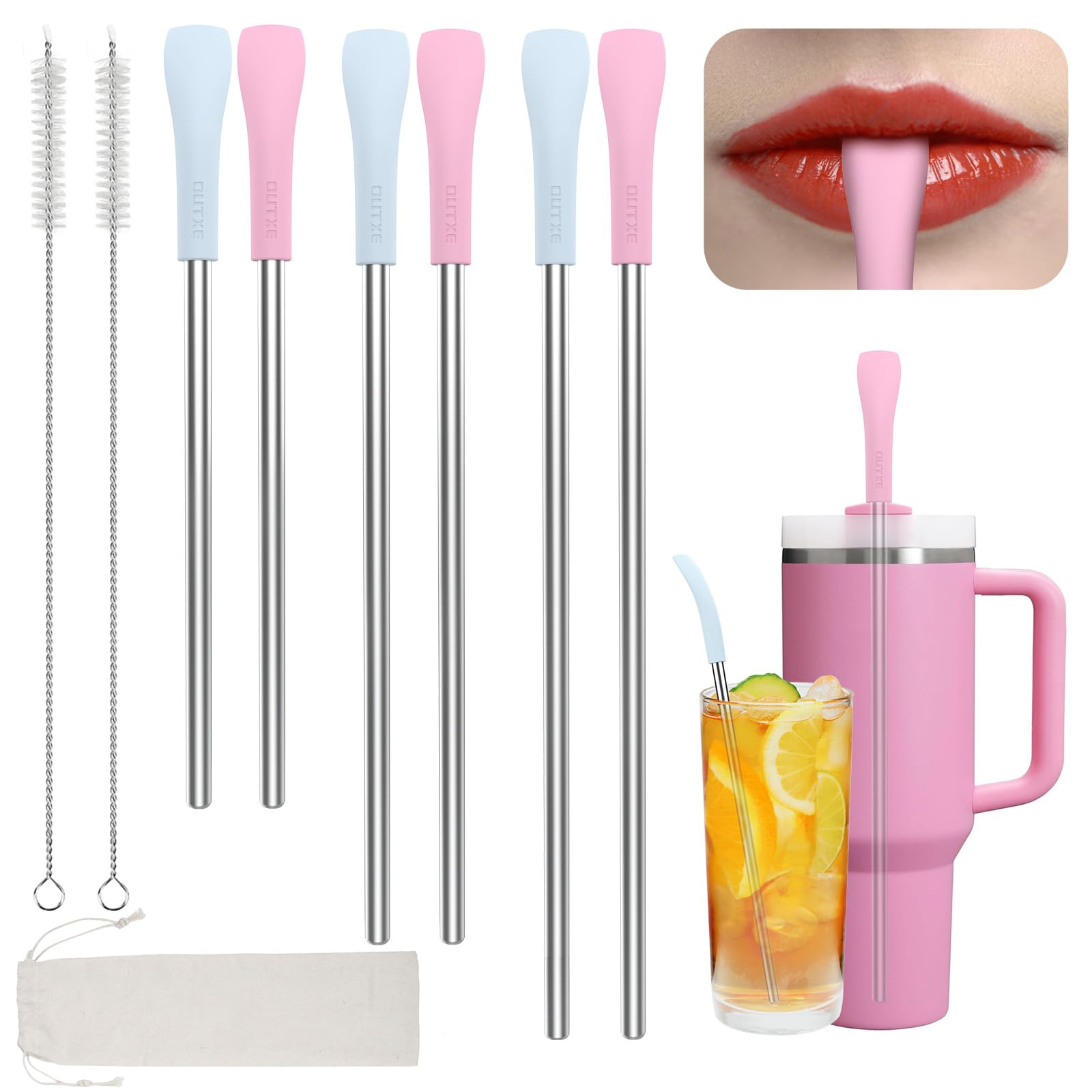 Photo 1 of OUTXE Anti Wrinkle Straw 6 Pcs, Flat Wide Drinking Straw for Stanley& Yeti& Owala, Reusable Wrinkle Free Long Stainless Steel Metal Straw for Lip with Cleaning Brush and Carrying Bag