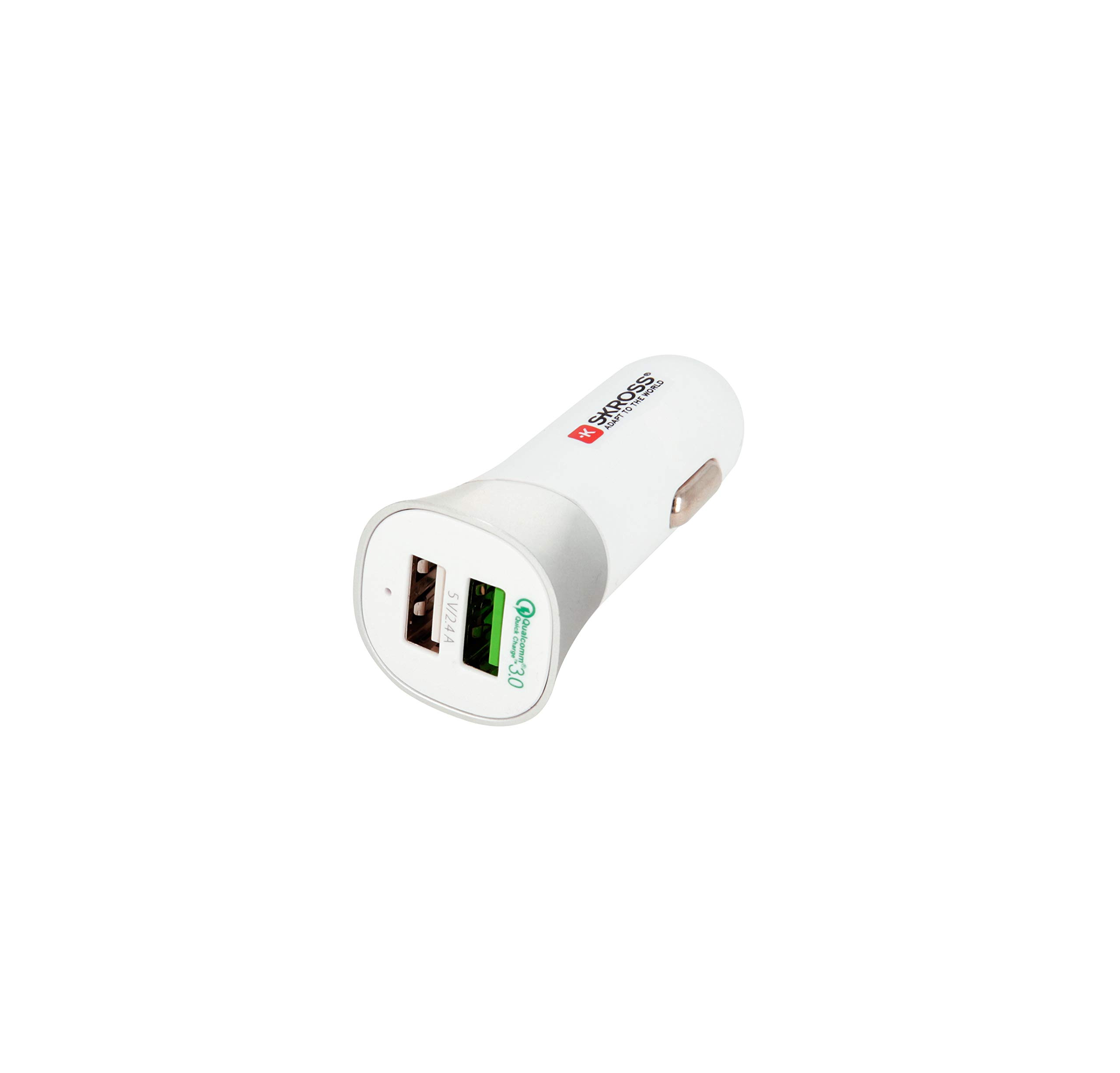Skross Dual USB Car Charger QC 3.0, Dual Port Qualcomm Quick Charge 3.0, Simultaneous Charging for Two Devices, Designed in Switzerland, 2.900615 White