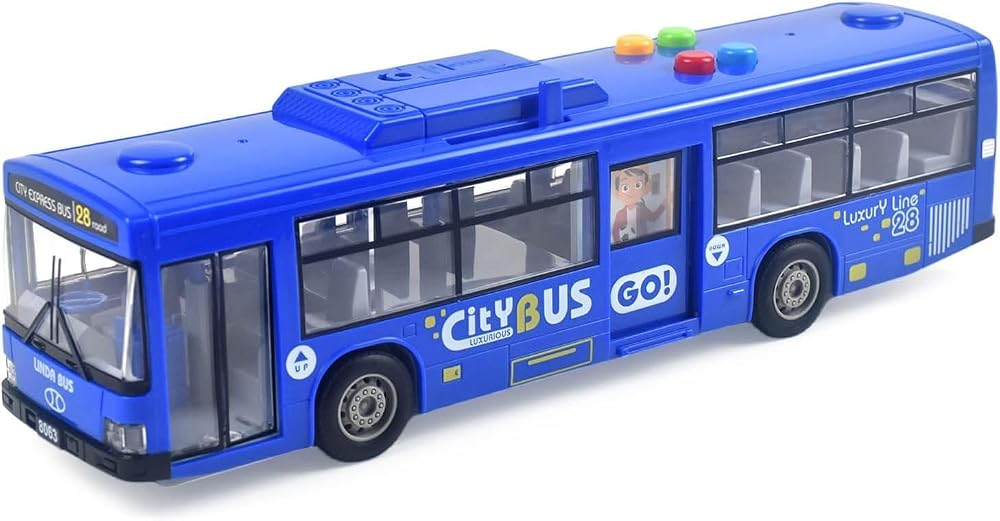 Cemirk Blue Toy Bus with Lights and Sounds – Friction Powered, Realistic Doors