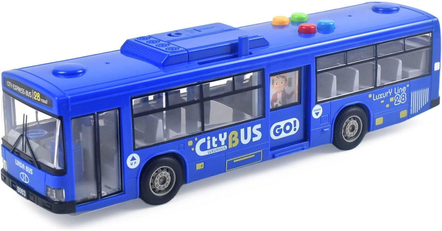 Cemirk Bus Toy for Boys and Girls - with Lights and Sounds, Realistic Tires, Simulated Functional Doors, Friction-Powered Movement, (Blue)