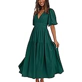 Plustrong Womens Deep V Neck Puff Short Sleeve Tired Maxi Dress Boho Long Flowy Summer Dresses