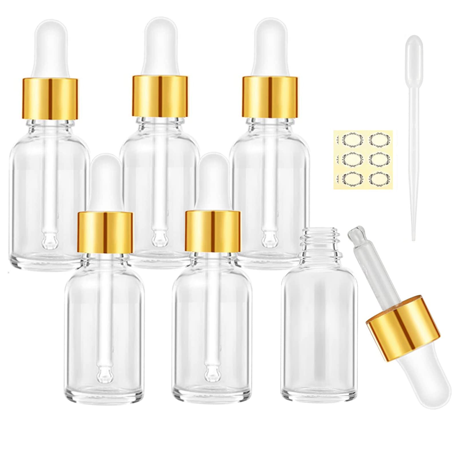 Alledomain 6Pcs, 10ml Transparent Glass Bottles with Dropper Pipettes, Empty Dropper Bottles Gold Aluminum Alloy Cap Refillable Sample Container for Essential Oils/Massage Oils/Chemical Liquid