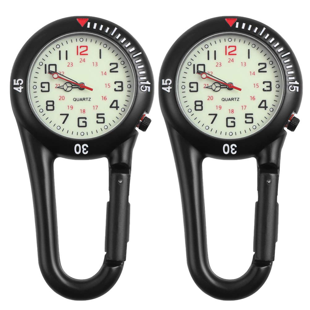 BESPORTBLE 2pcs Clip-on Quartz Watch Glow in The Dark Backpack Belt Fob Watch Carabiner Watches for Hiking Climbing Paramedics (Black)