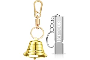 Heptour Loud Bear Bell with Emergency Whistle Set for Hikers, Solid Brass Bear Bells with Silencer，Emergency Whistles and Carabiner for Hiking/Survival/Camping/Climbing/Boating