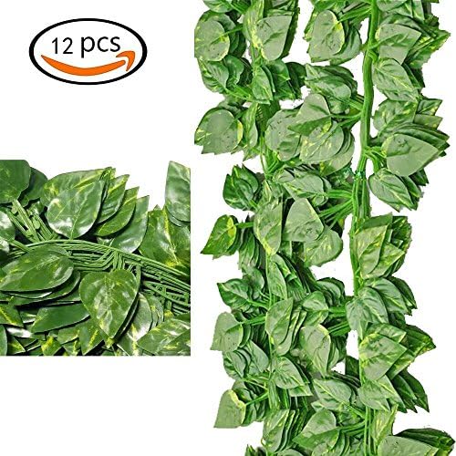 Fake Garland Leaves,12pcs (84 Feet) Fake Foliage Faux Ivy Artificial Leaves Fake Leaves Ivy Plant Vines Garland Scindapsus Leaves Garland Home Office Garden Wall Decoration (Scindapsus Leaves)