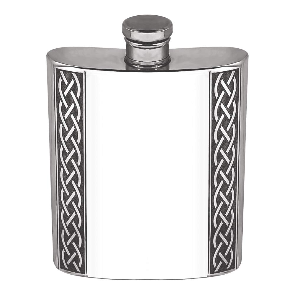English Pewter Company Kidney-shaped 6oz Pewter Hip Flask with Polished Finish and Embossed Celtic Knot Design [CEL620]