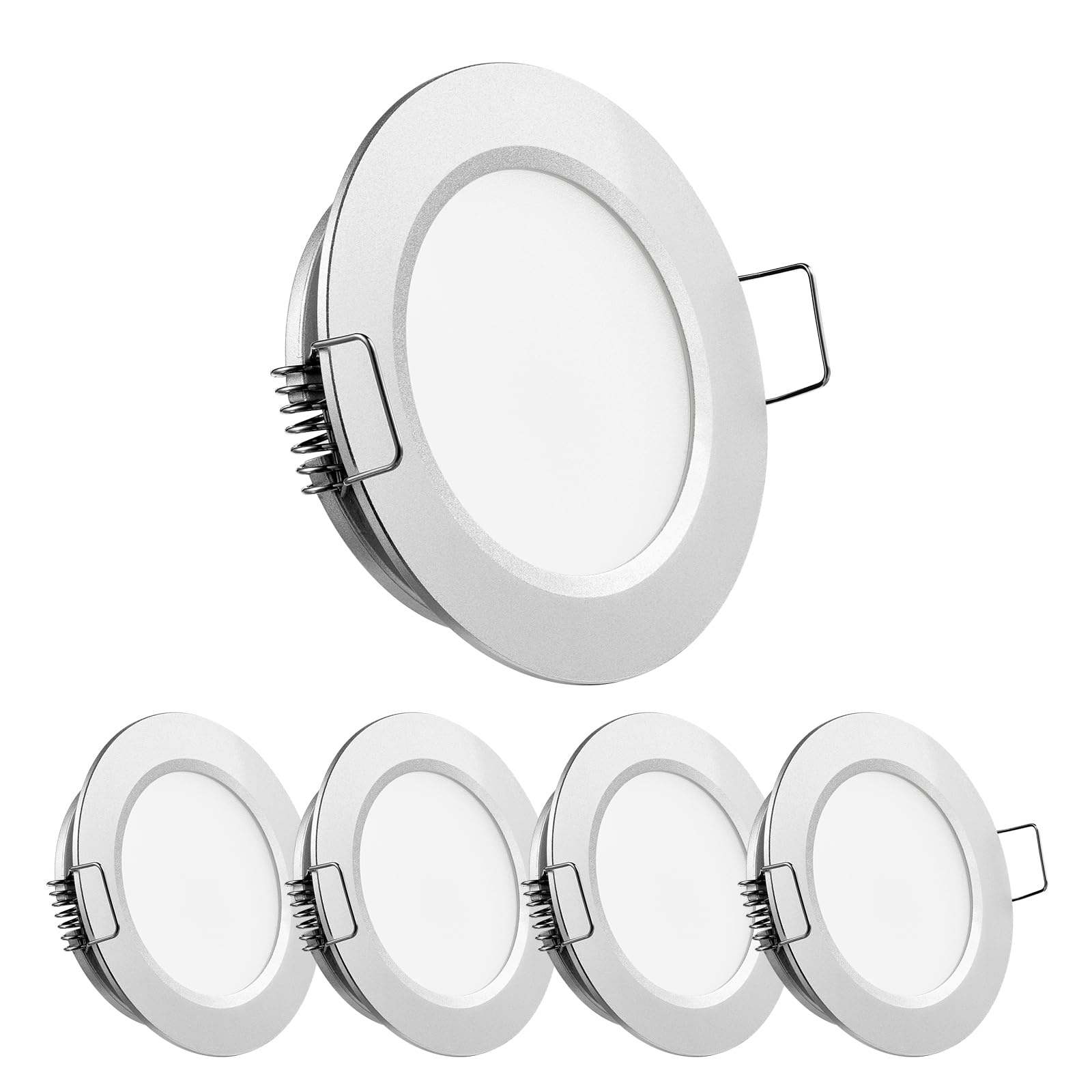 Obeaming 4 x LED Downlights 12V Recessed Lights 2.5W Campervan Dimmable Spot Lights Hole 58-63mm 3000K 215LM Silver for Motorhome Boat Van Caravan Kitchen Cabinet