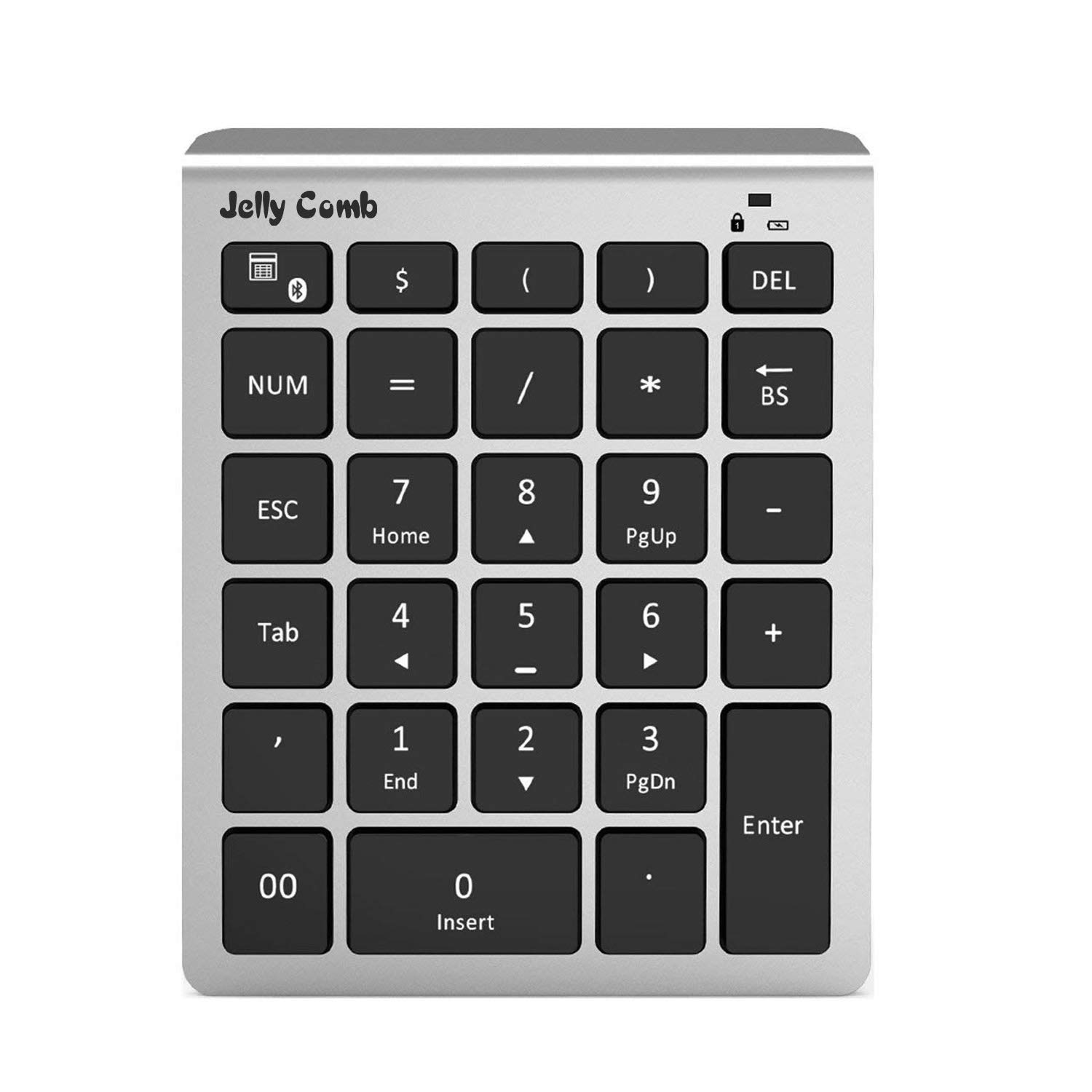 Bluetooth Number Pad — Jelly Comb N019 Bluetooth Numeric Keypad Portable Full Size 28-Key Keypad with Multiple Shortcuts for Data Entry Laptop, Tablet, Surface Pro and More(Black and Silver)