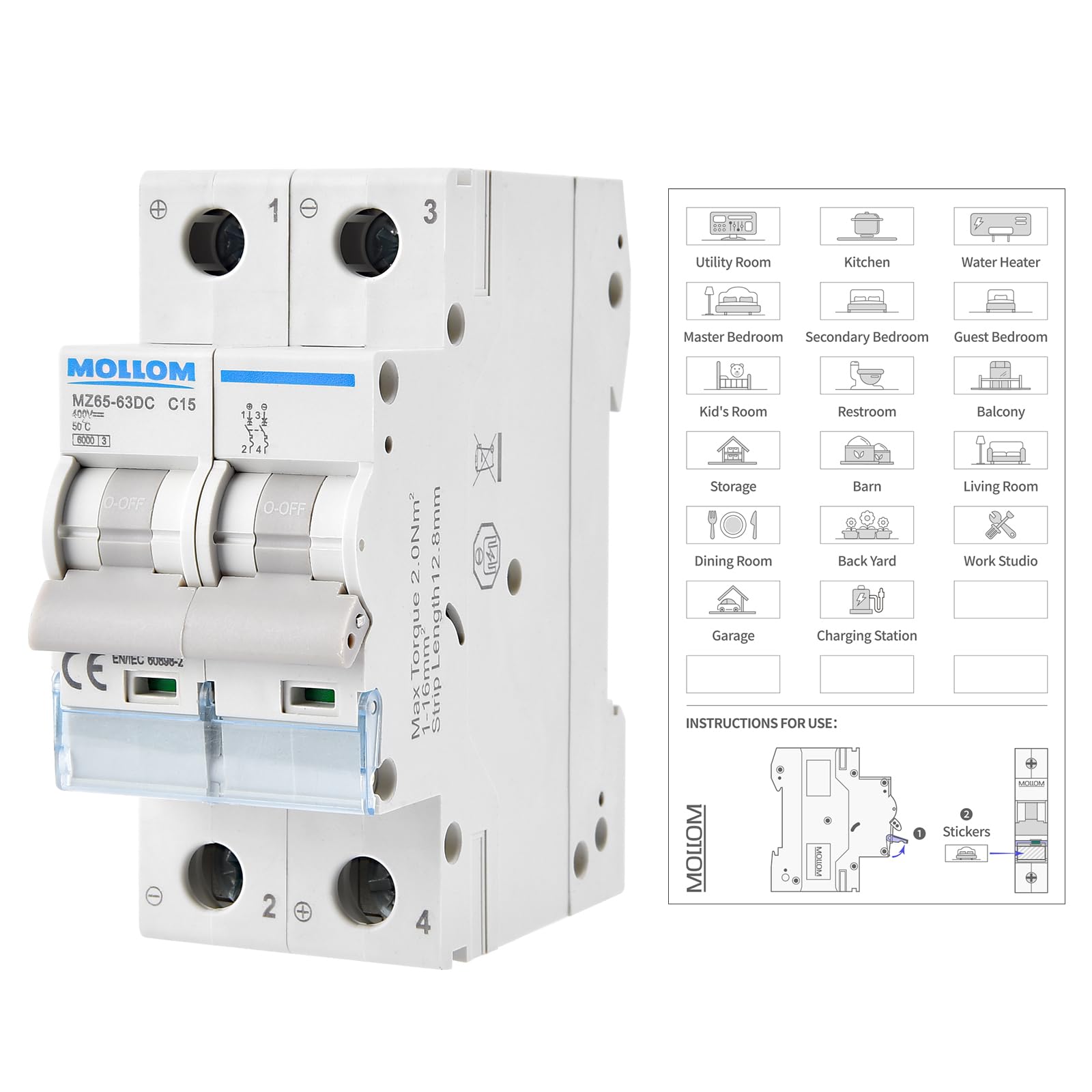 MOLLOM DC 2 Pole Miniature Circuit Breaker,400V