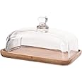 Yardwe Clear Butter Cheese Tray, Mini Cake Stand with Dome Covered Small Cake Plate Wooden Cake Dish Cake Display Tray Rectangle Wood Platter with Glass Lid Glass Dinner Plates (7X4.6inch)