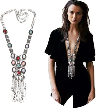 Tpocean Vintage Retro Rhinestone Silver Gold Turquoise Long Boho Bohemian Statement Ethnic Tribal Necklace
