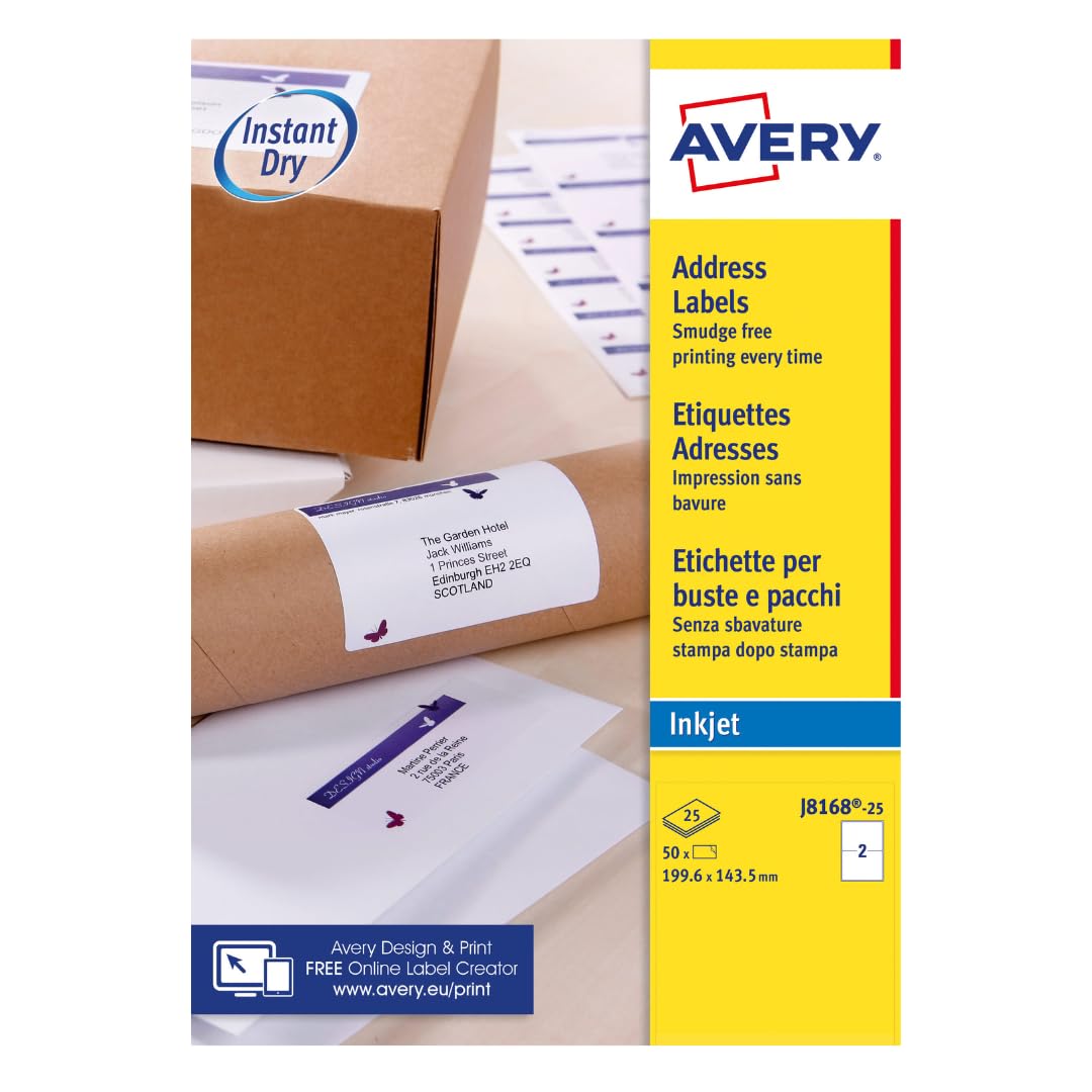 Avery Smudge Free, Printable, Address Labels, Quickdry, 199.6 x 143.5 mm, White, 2 A5 Stickers per Sheet, 50 Blank Labels per Pack (J8168-25)