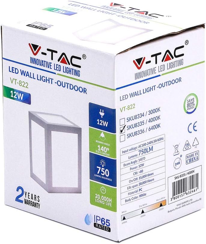 V-TAC Modern Outdoor, IP65 Waterproof White Frame Wall Lamp for Garden Garage Hallway Gate 12W 6400K Soft Light, PC, 12 W - Image 4