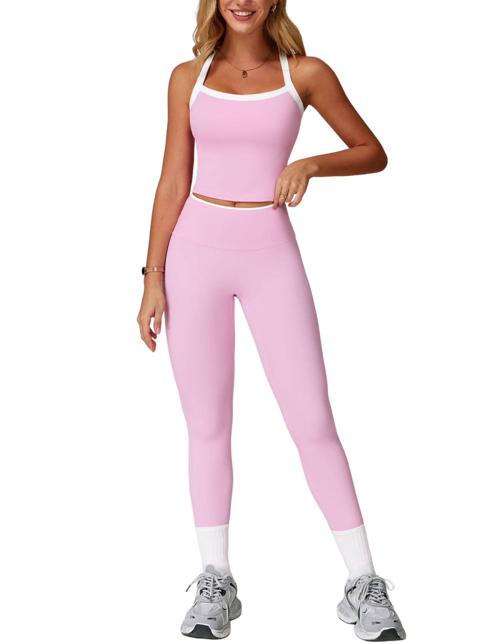 Photo 1 of 2 Piece Workout Sets for Women Seamless Straps Cross Back Tank Tops Matching High Waist Tummy Control Leggings Set Clothes Womens Two Piece Athletic Set Gym Wear Active Yoga Outfit Colorblock Pink M