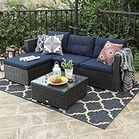 PHI VILLA 3-Piece Patio Furniture Set Rattan Sectional Sofa Wicker Furniture, Blue