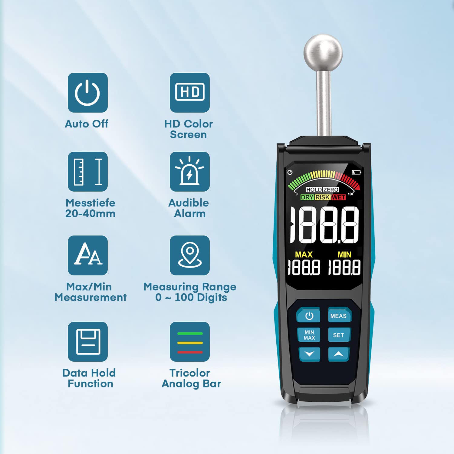 Feuchtigkeitsmessgerät, DURFICST 3-Zoll-HD-Farb-Großbild-Feuchtemessgerät mit Stoffbeutel, 20-40 mm Tiefenanalyse Feuchtigkeitsmesser,für Alle Baumaterialien, Holz, Wand, Putz, Mauerwerk 2