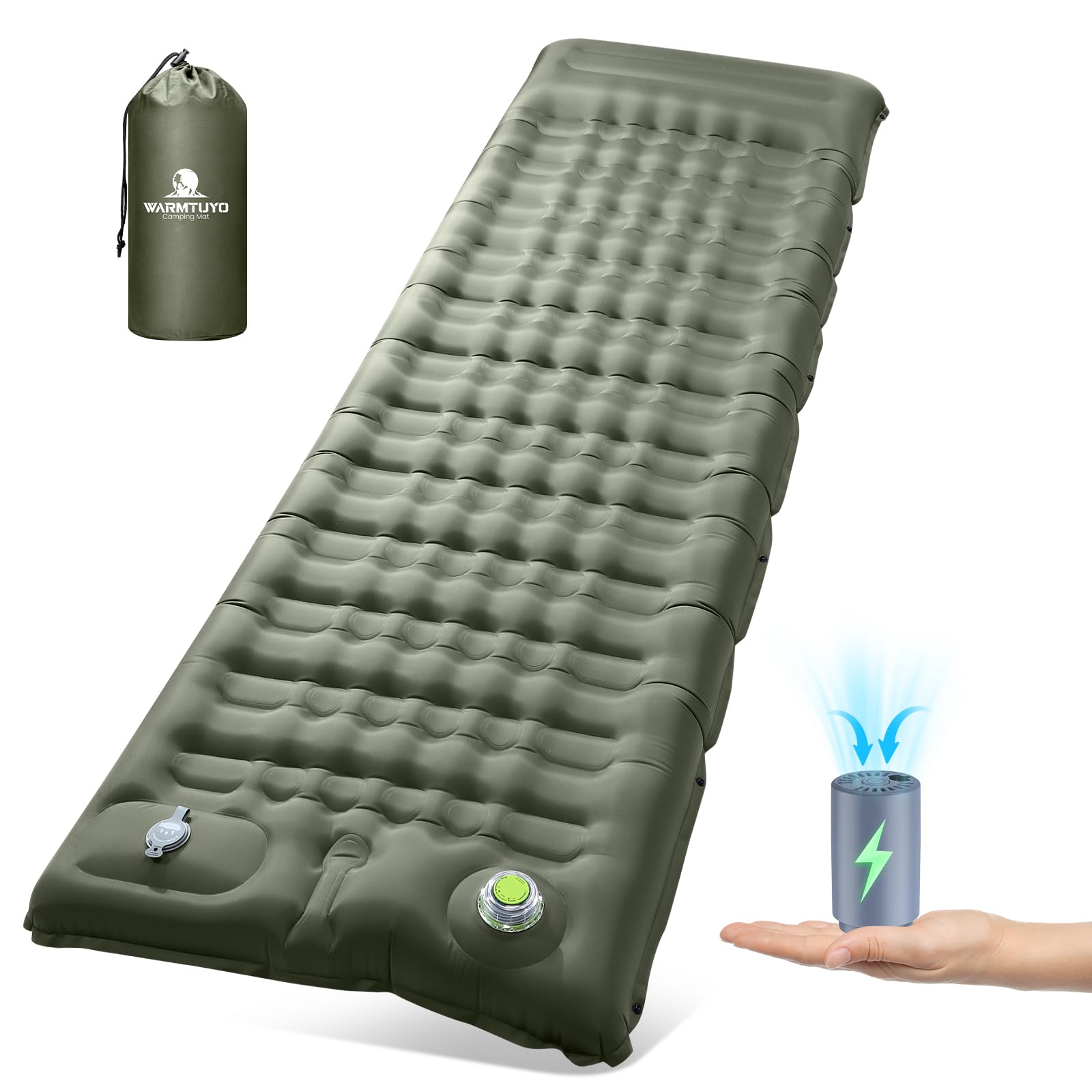 WARMTUYO Elektrisch Isomatte Camping, 12CM Verdicktes Aufblasbare Matratze mit Kissen, Wasserdicht Anti-Ripstop Luftmatratze Outdoor Schlafmatte für Wandern, Outdoor, Zelt