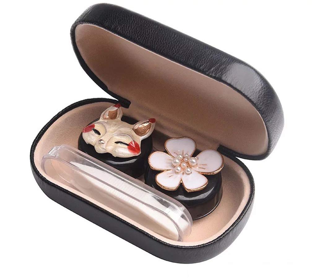 Cute Contact Lens Cases, Cat Contact Lens Soak Storage Box, Portable Pink Contact Lens Holder with Tweezers for Travel Kit (Black Case Fox)