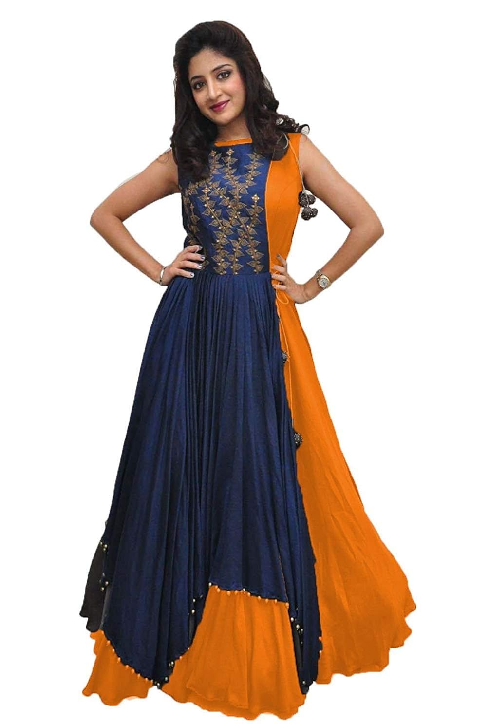 drashti villa women's banglory silk embroidered gown with jacket (free size)