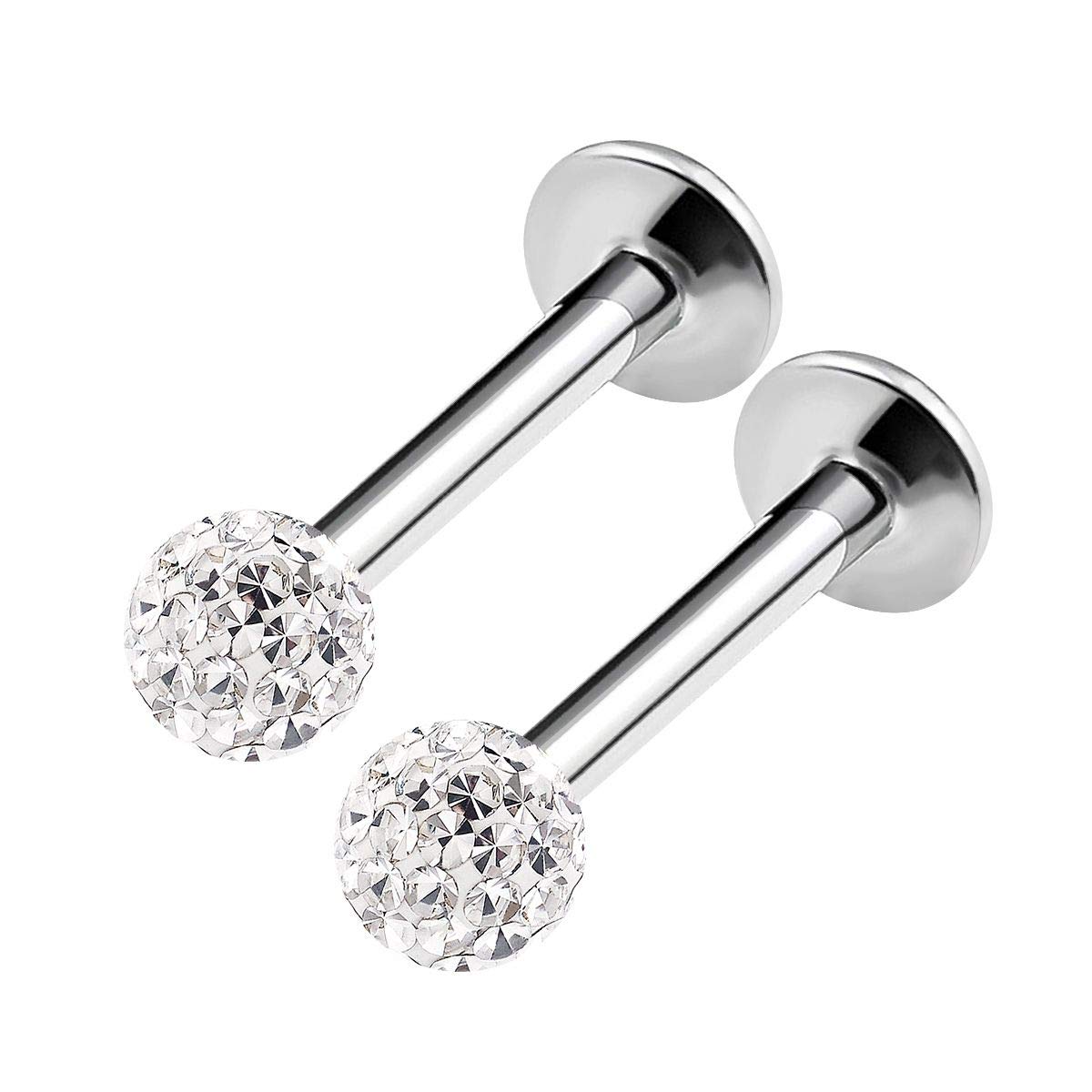 KJM FASHION 2PCS Stainless Steel Labret Lip Rings 16 gauge 5/16 8mm 3mm Clear Crystal Ball Tragus Earring Auricle Piercing Jewellery 2112