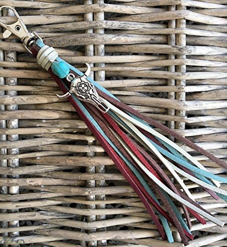 Tassel Purse Charm With Cow Skull Pendant &amp; Imitation Turquoise Nugget Bead (KC247)