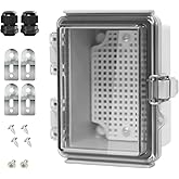LeMotech Electrical Box, IP67 Waterproof Hinged Clear Cover Stainless Steel Latch Junction Box, ABS Plastic Electrical Enclosure with Mounting Plate,Wall Brackets, Cable Glands,4.7"x3.5"x2.7",Grey
