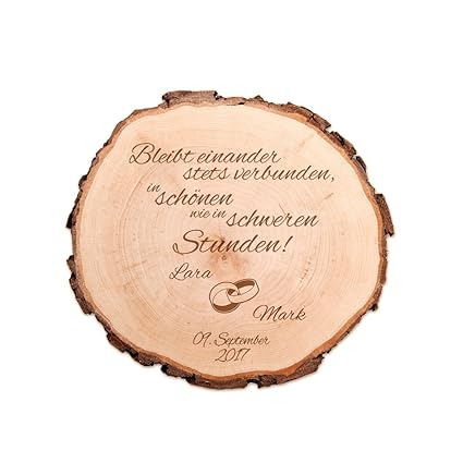 Baumscheibe mit Gravur zur Hochzeit – Bleibt einander stets verbunden… – Personalisiert mit [NAMEN] und [DATUM] – Motiv Ringe